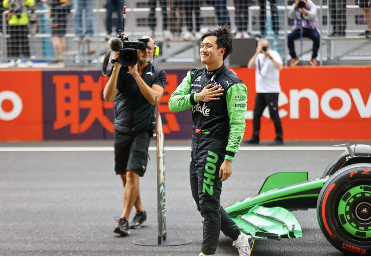 Zhou Guanyu thanking the Chinese fans after completing the first home race of his career (Everything F1)
